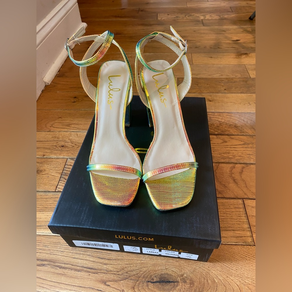 Lulus SOLD OUT Larsaa Hologram Snake-Embossed Ankle Strap High Heel Sandals